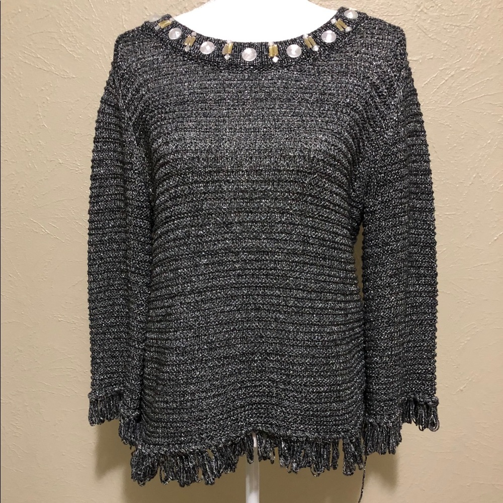 Metallic Black & Silver Fringe Sweater